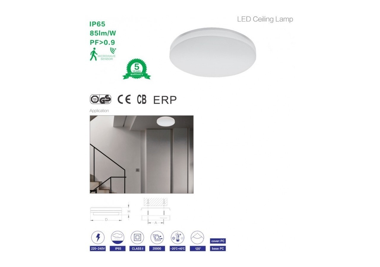 Plafonnier LED 24W IP65 avec capteur de mouvement - B1390-RS-BC - Barcelona LED