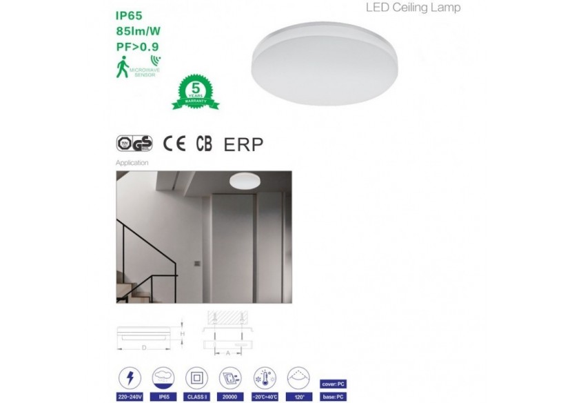 Plafonnier LED 24W IP65 avec capteur de mouvement - B1390-RS-BN - Barcelona LED