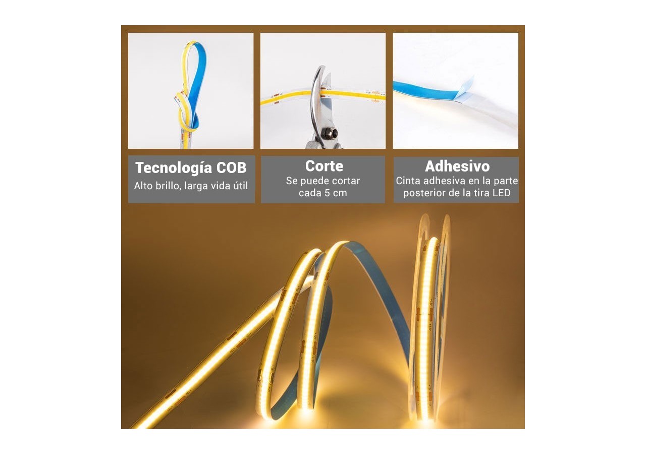 Ruban LED COB 24V DC-12W/m-10mm-IP20-Rouleau de 10 mètres-Sécable tous les 5cm - B1559-10-270 - Barcelona LED
