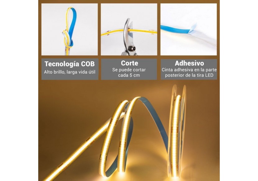 Ruban LED COB 24V DC-12W/m-8mm-IP20-Rouleau de 5 mètres-Sécable tous les 4cm - B1559-5-270 - Barcelona LED