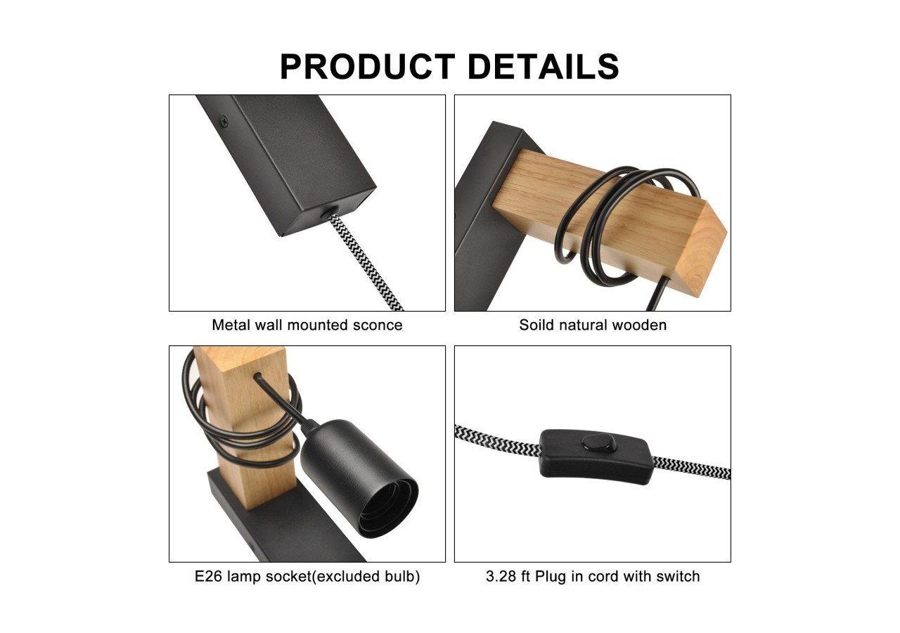 Applique murale en bois "RUDER" avec prise et interrupteur - LM130-N-EU - Barcelona LED