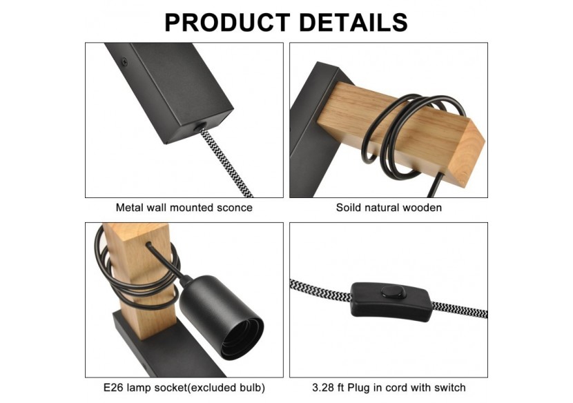 Applique murale en bois "RUDER" avec prise et interrupteur - LM130-N-EU - Barcelona LED