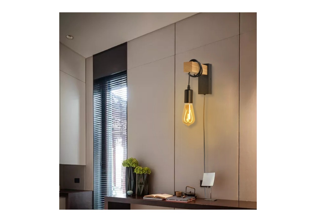 Applique murale en bois "RUDER" avec prise et interrupteur - LM130-N-EU - Barcelona LED