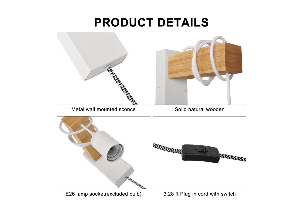 Applique murale en bois "RUDER" avec prise et interrupteur - LM130-B-EU - Barcelona LED