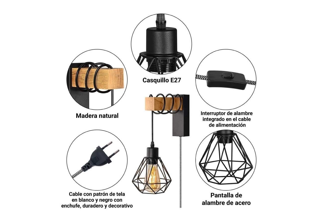 Lampe murale cage avec interrupteur et prise "RODEN" - LM133-EU-N - Barcelona LED