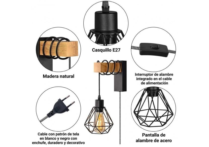 Lampe murale cage avec interrupteur et prise "RODEN" - LM133-EU-N - Barcelona LED Lampe murale cage avec interrupteur et prise "RODEN" - LM133-EU-N - Barcelona LED