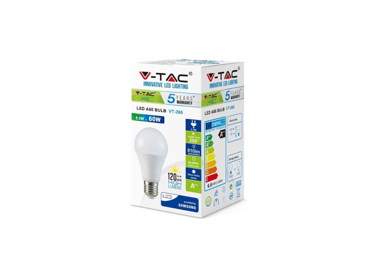 Ampoule LED - SAMSUNG CHIP 6,5W E27 A++ A60 Plastique Blanc Naturel