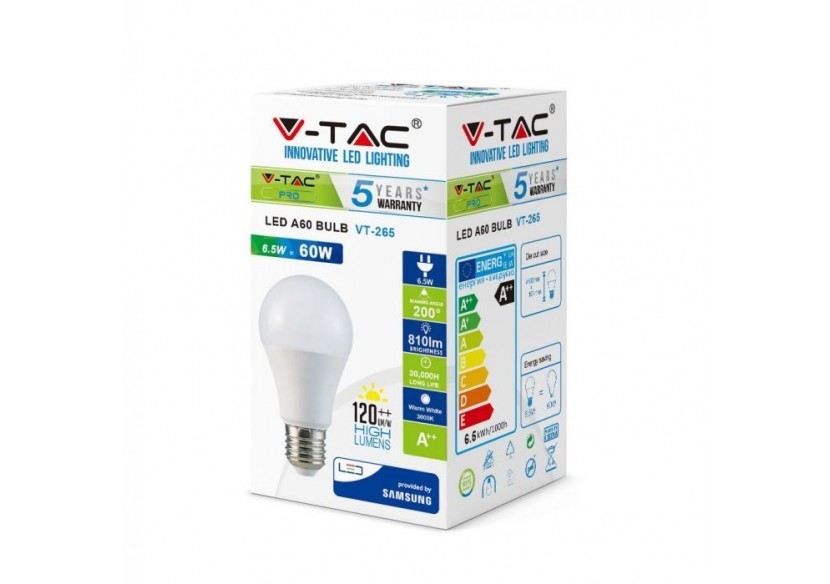 Ampoule LED - SAMSUNG CHIP 6,5W E27 A++ A60 Plastique Lumière blanche