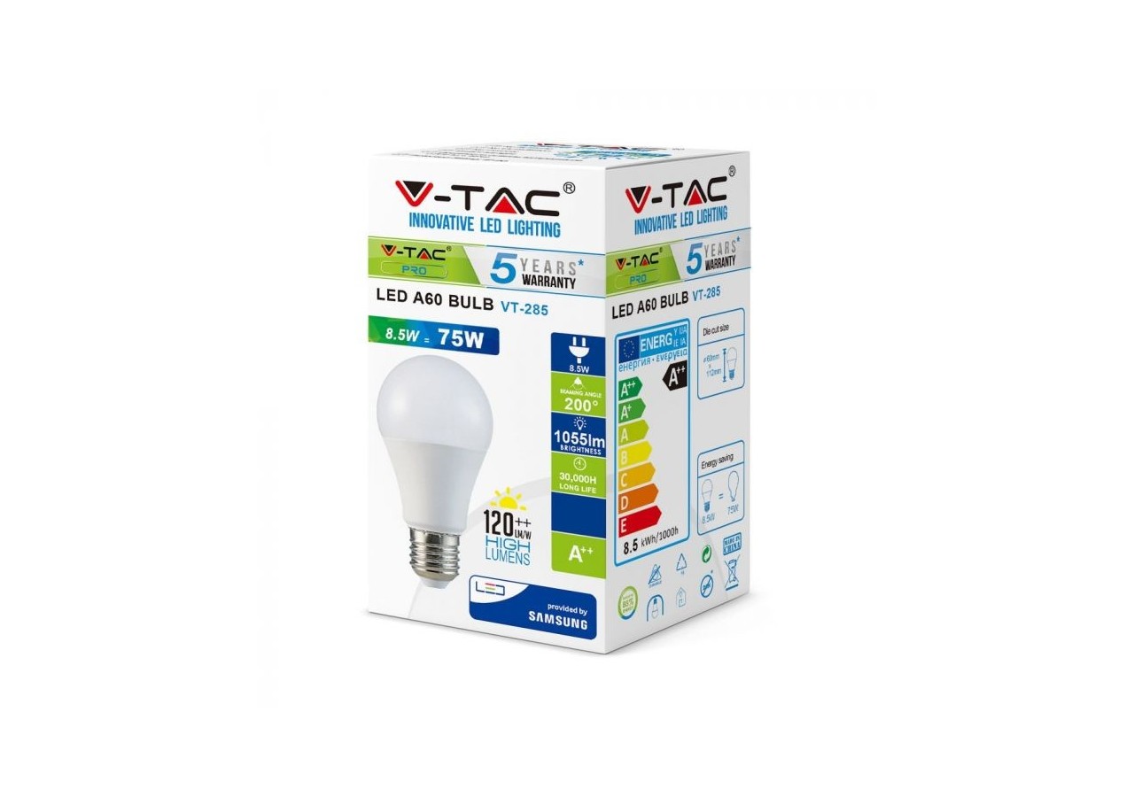 Ampoule LED - SAMSUNG CHIP 8,5W E27 A++ A60 Plastique Lumière blanche
