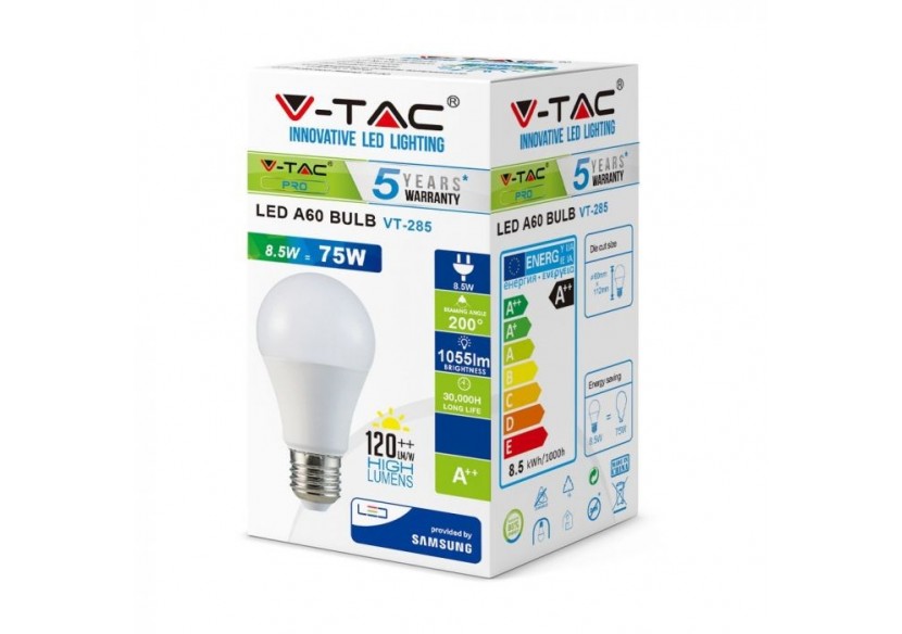 Ampoule LED - SAMSUNG CHIP 8,5W E27 A++ A60 Plastique Lumière blanche