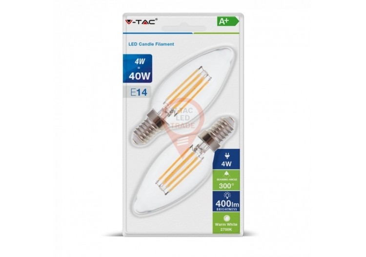 Ampoule LED - 4W Filament E14 Bougie Couvercle Transparent Blanc Chaud 2PCS/Blister