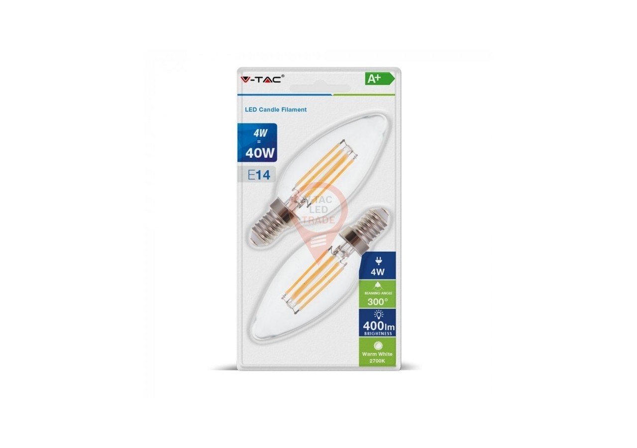 Ampoule LED - 4W Filament E14 Bougie Couvercle Transparent Blanc Chaud 2PCS/Blister