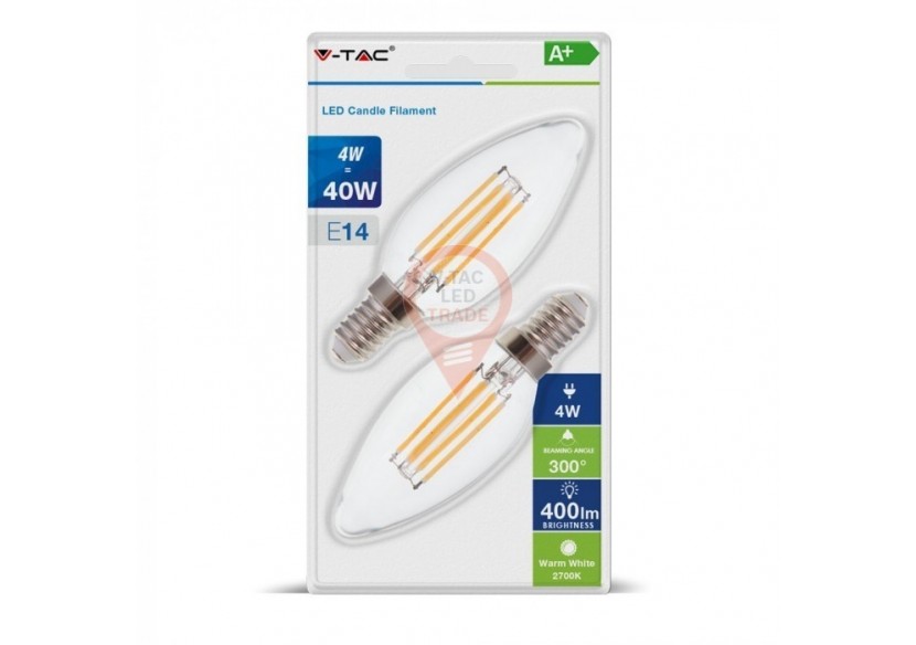 Ampoule LED - 4W Filament E14 Bougie Couvercle Transparent Blanc Chaud 2PCS/Blister