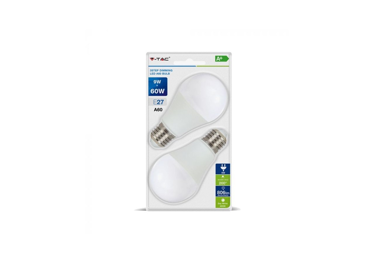 Ampoule LED - 9W E27 A60 Thermoplastique Gradation en 3 étapes Blanc 2 pcs Blister