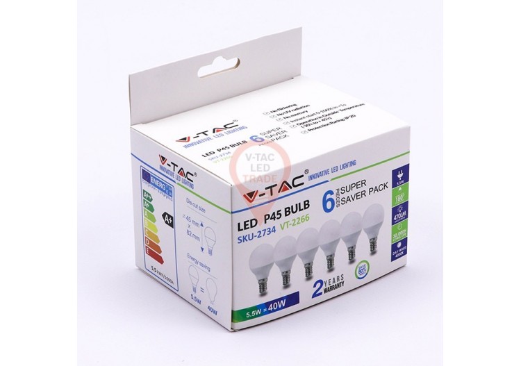 Ampoule LED - 5,5W E14 P45 6400K 6PCS/PACK
