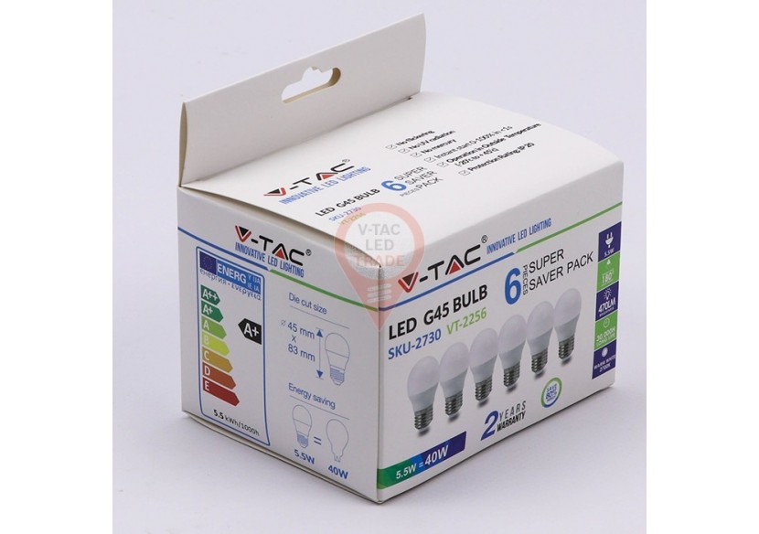 Ampoule LED - 5,5W E27 G45 6400K 6PCS/PACK