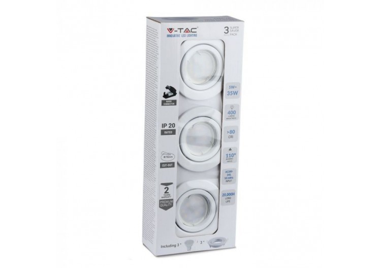 Spot LED - 5W GU10 avec raccord corps blanc 3000K 3pcs/paquet