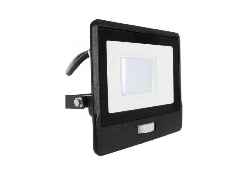 Projecteur LED avec capteur PIR, 30W, puce SAMSUNG, corps noir, 6400K, câble de 1M