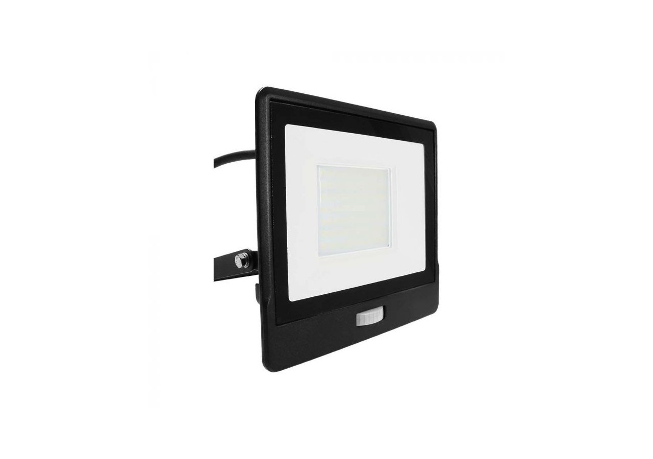 Projecteur LED avec capteur PIR, 50W, puce SAMSUNG, corps noir, 6400K, câble de 1M