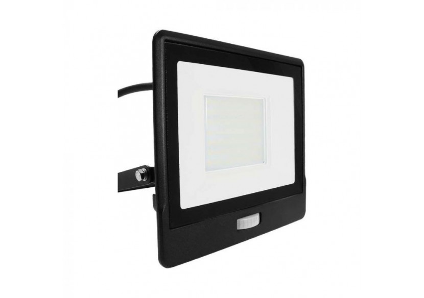 Projecteur LED avec capteur PIR, 50W, puce SAMSUNG, corps noir, 6400K, câble de 1M