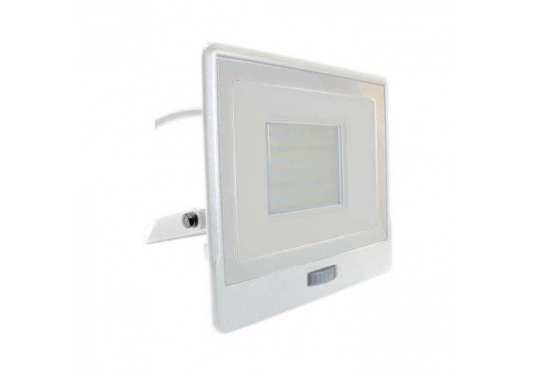 Projecteur LED avec capteur PIR, 50W, puce SAMSUNG, corps blanc, 3000K, câble de 1M
