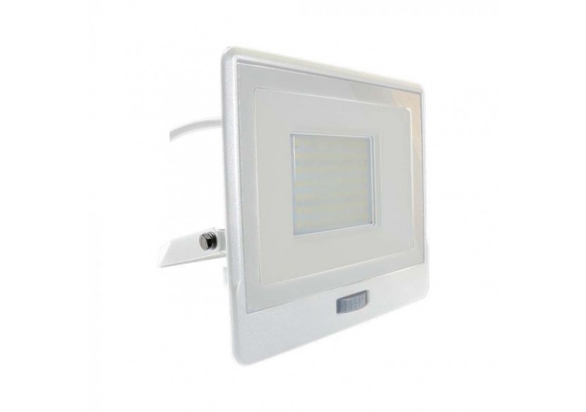 Projecteur LED avec capteur PIR, 50W, puce SAMSUNG, corps blanc, 4000K, câble de 1M