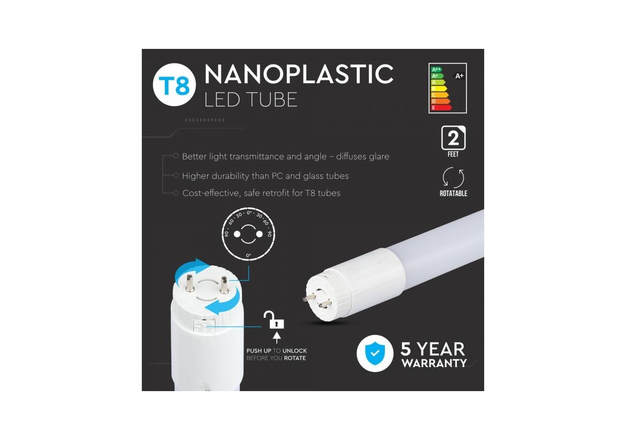 Tube LED T8 10W - Nano Plastique Rotation SAMSUNG CHIP Blanc Naturel 600 mm