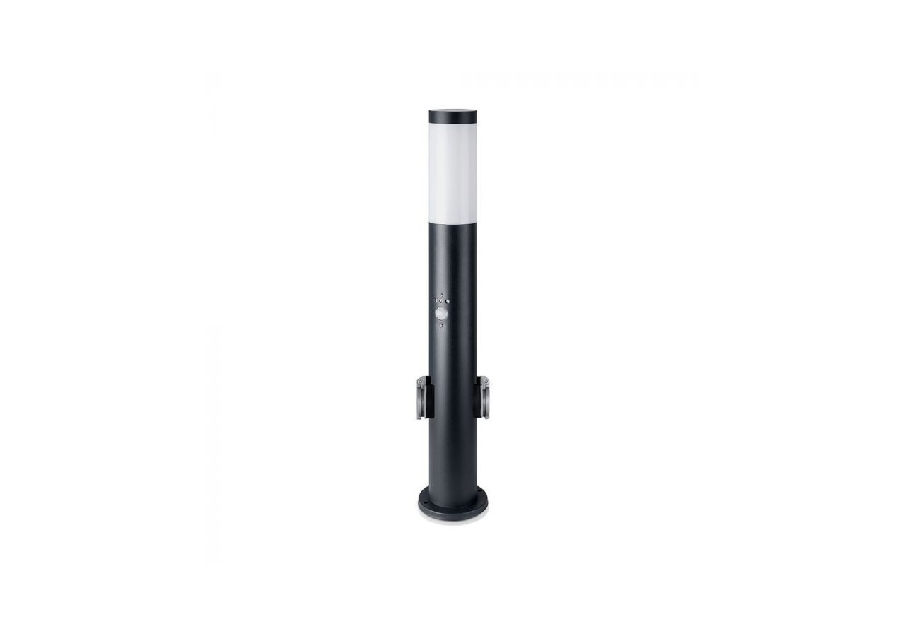 Lampe Borne E27 60cm Capteur PIR 2 Prises EU Acier Inox Noir IP44