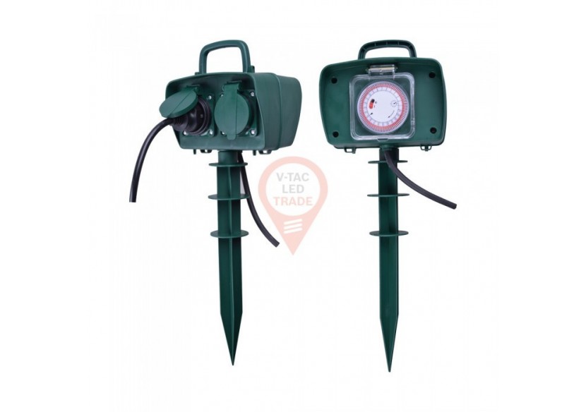 Prise de piquet de jardin 2 voies, minuterie mécanique 3G 1.5mm x 3m IP44 vert