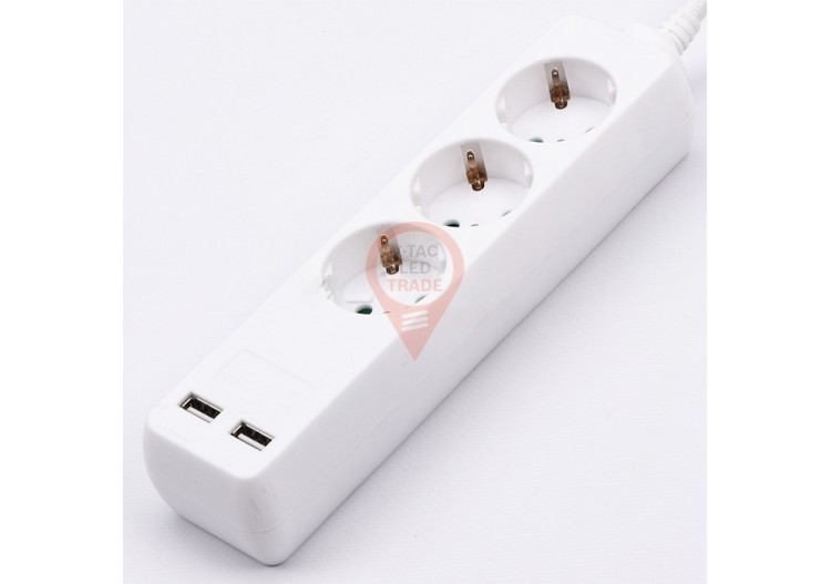 Prise 3 Voies avec 2 USB Câble Blanc 5m