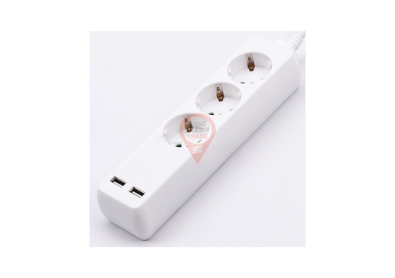Prise 3 Voies avec 2 USB Câble Blanc 5m