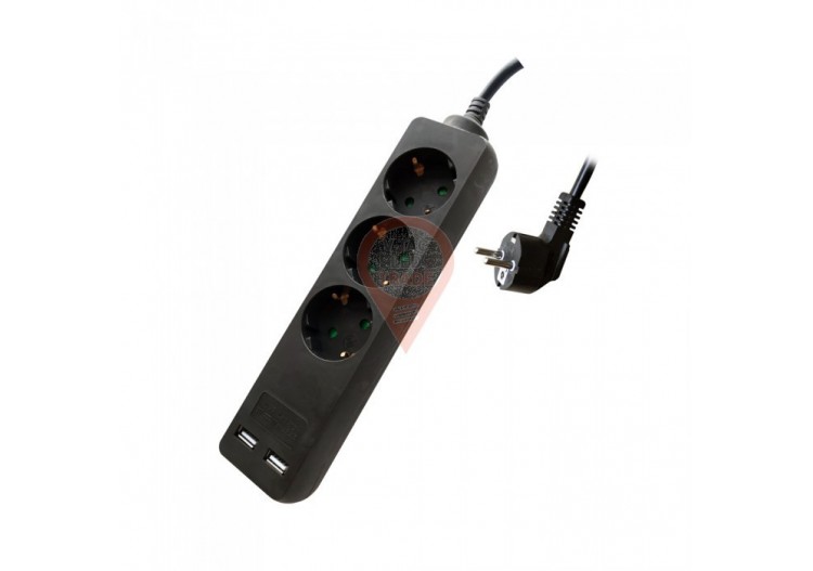 Prise 3 Voies avec 2 USB Câble Noir 1,5m