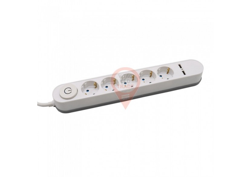 Interrupteur éclairé à prise 5 voies et 2 ports USB 3G 1,5 mm x 3 m blanc