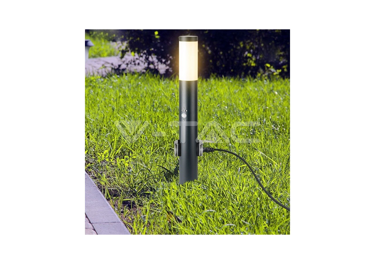 Lampe Borne E27 60cm Capteur PIR 2 Prises EU Acier Inox Gris IP44