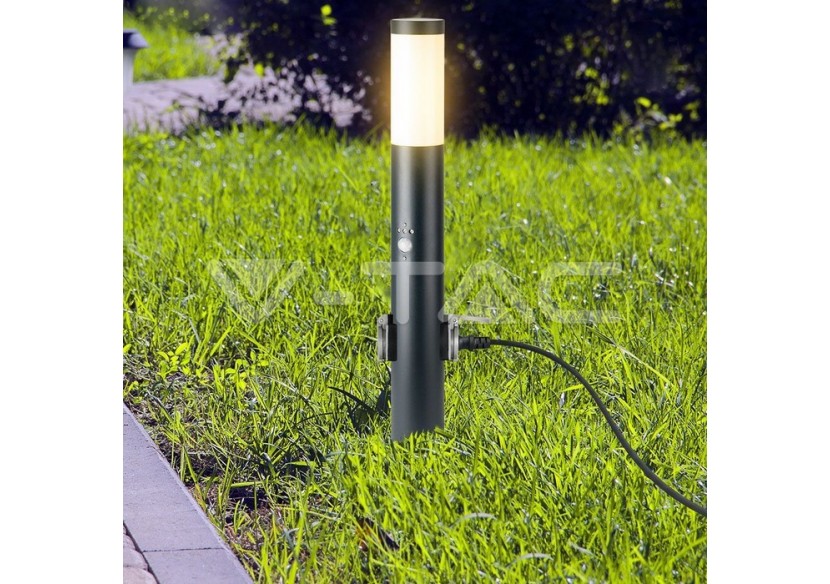 Lampe Borne E27 60cm Capteur PIR 2 Prises EU Acier Inox Gris IP44 Lampe Borne E27 60cm Capteur PIR 2 Prises EU Acier Inox Gris IP44