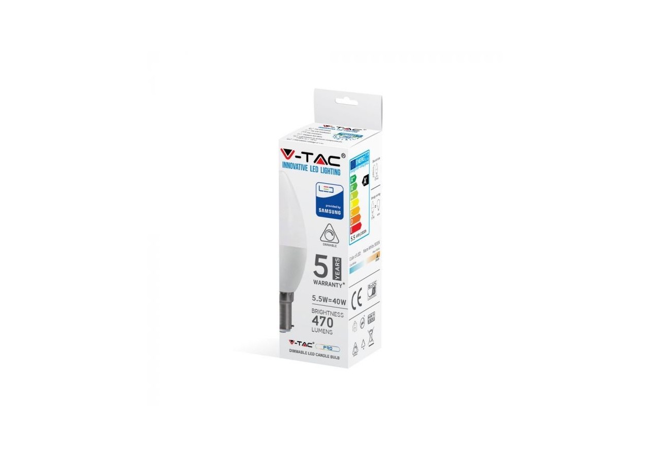 Ampoule bougie en plastique Vt-299d 5,5 W, puce Samsung 3000 K B15 à intensité variable- 861 - V-tac
