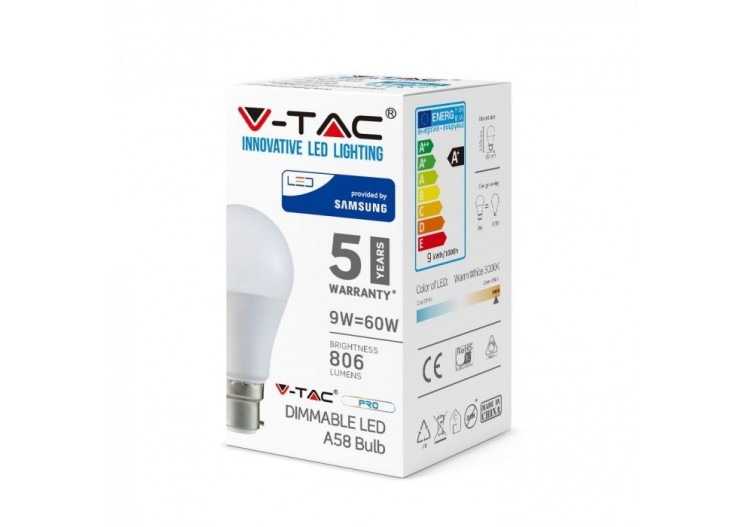 Vt-259d 9w a60 ampoule en plastique puce samsung 3000k b22 dimmable- 852 - V-tac