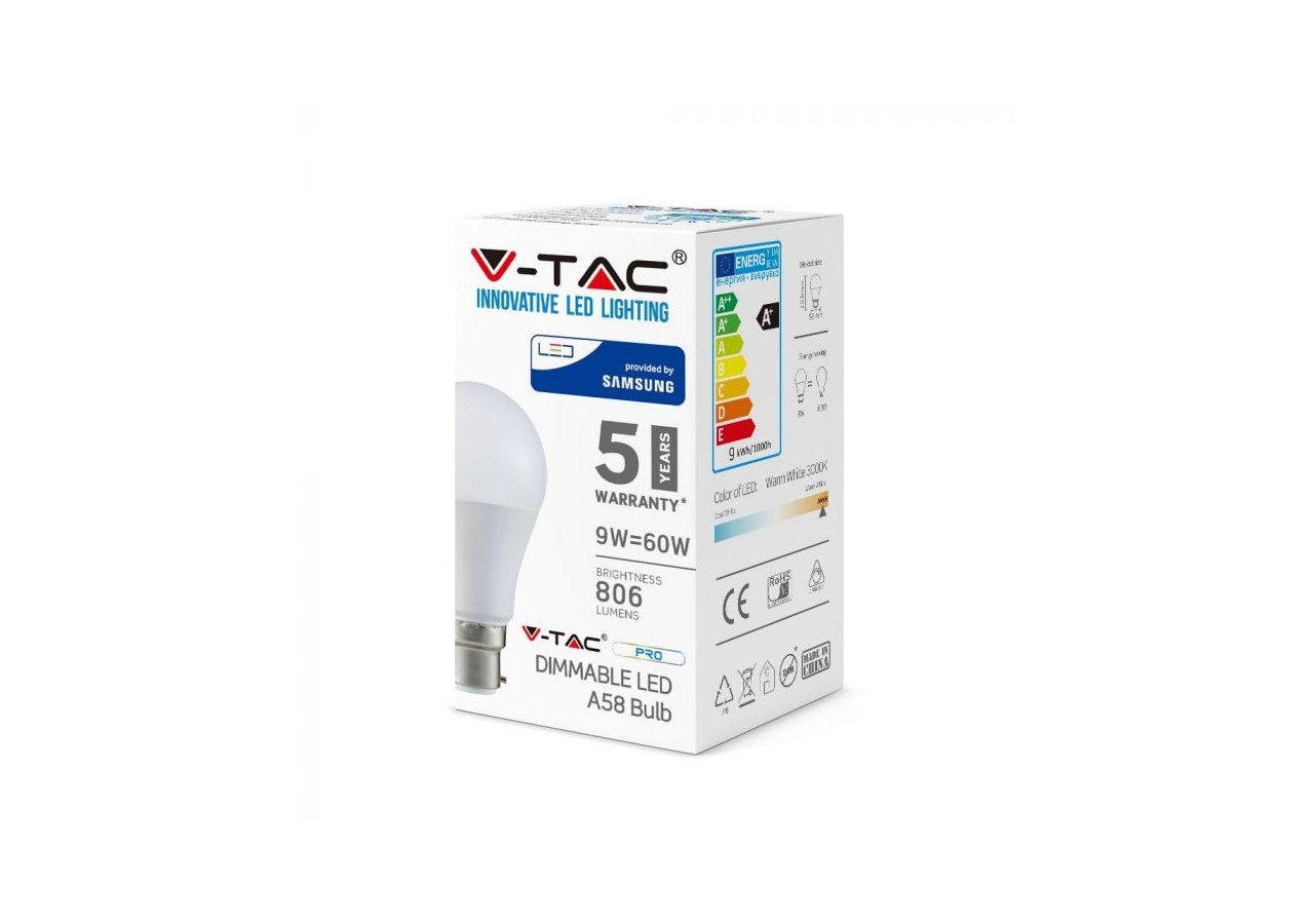 Vt-259d 9w a60 ampoule en plastique puce samsung 3000k b22 dimmable- 852 - V-tac