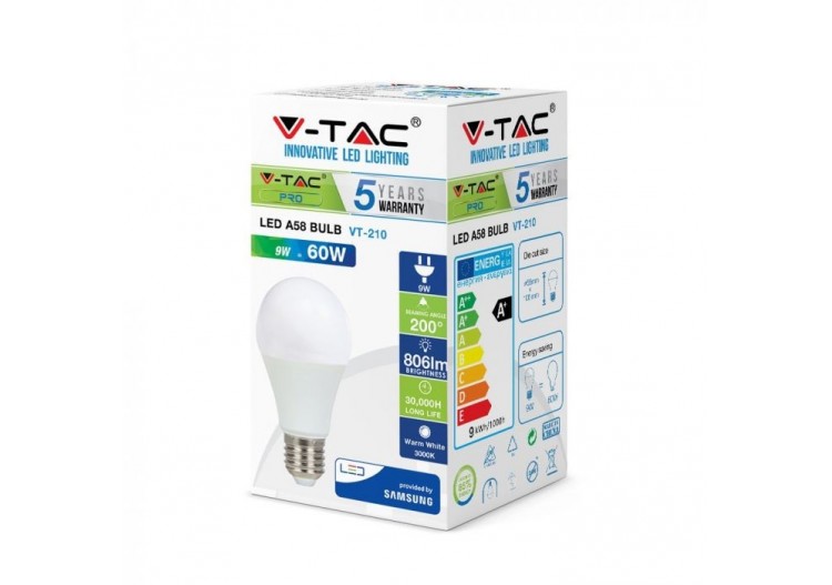 Ampoule en plastique Vt-210 9w a58, puce Samsung 3000k e27- 228 - V-tac