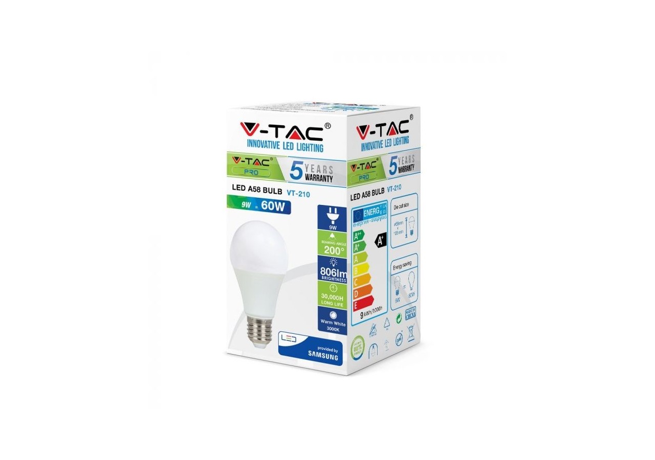 Ampoule en plastique Vt-210 9w a58, puce Samsung 6400k e27- 230 - V-tac