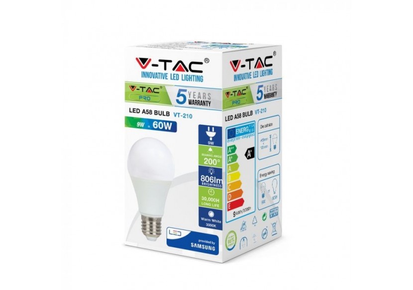 Ampoule en plastique Vt-210 9w a58, puce Samsung 6400k e27- 230 - V-tac