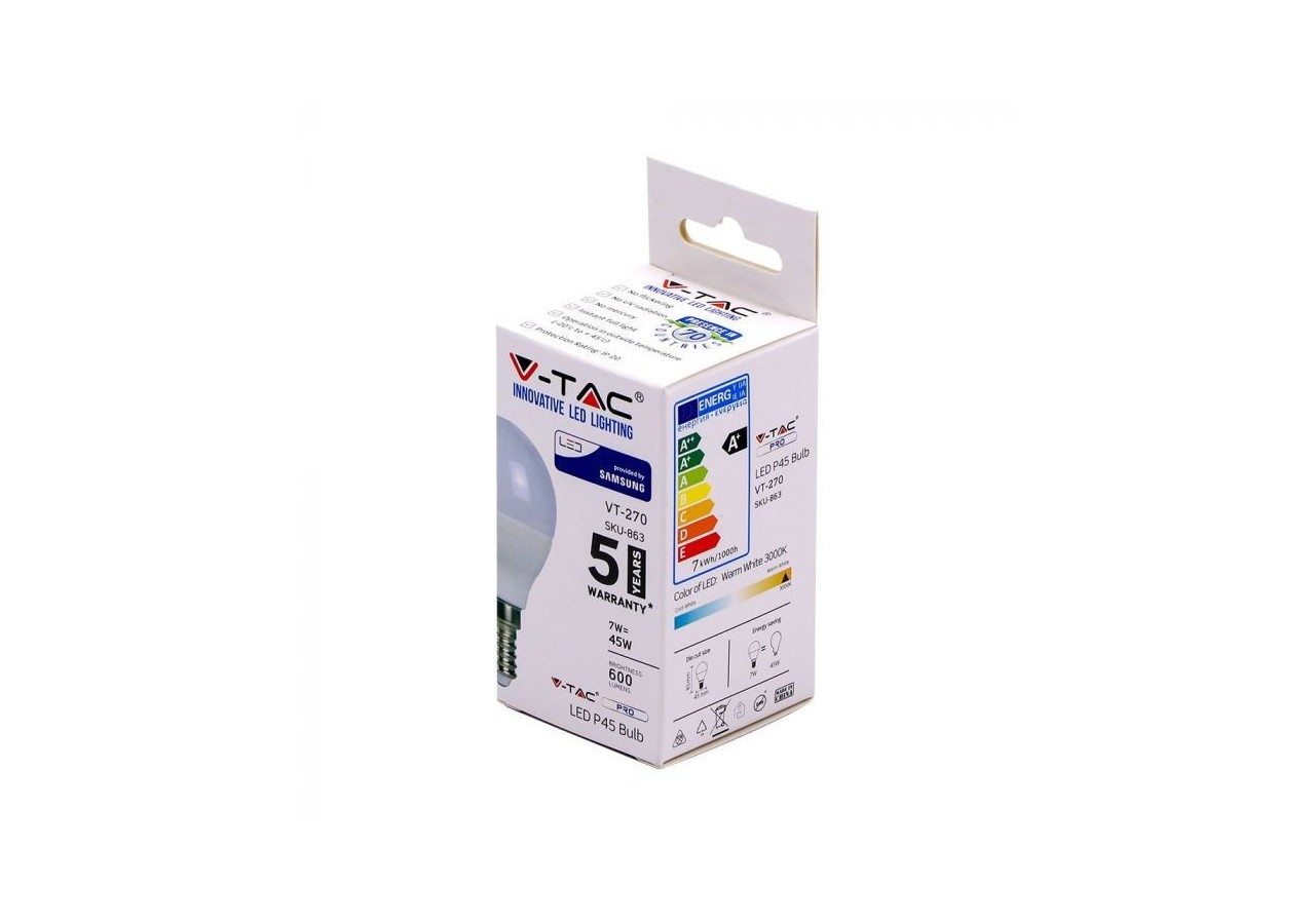 Ampoule en plastique Vt-270 7w p45, puce Samsung 3000k e14- 863 - V-tac