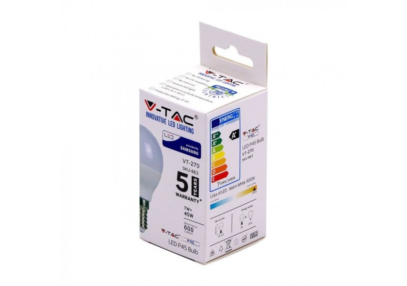 Ampoule en plastique Vt-270 7w p45, puce Samsung 6400k e14- 865 - V-tac