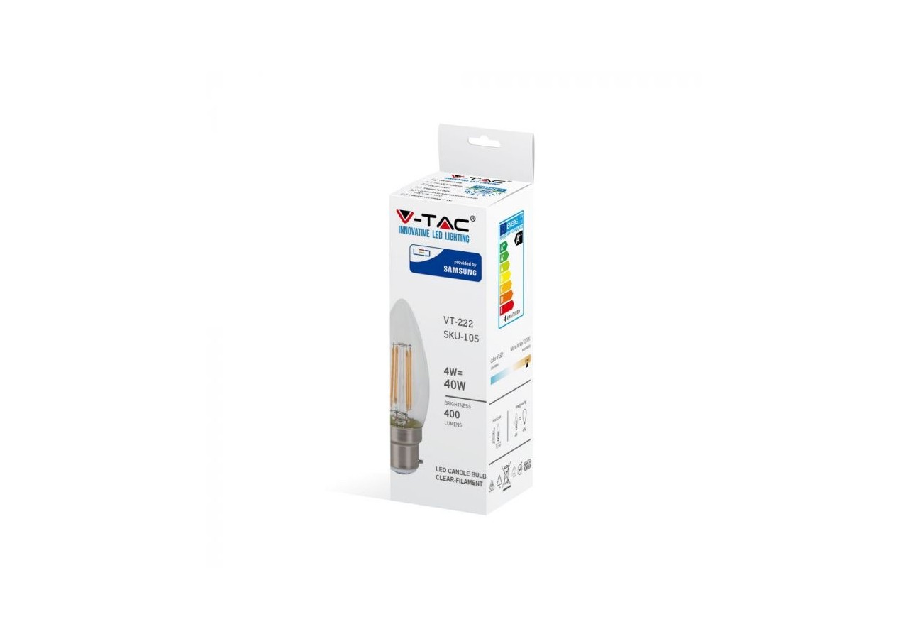 Ampoule à filament bougie Vt-222 4w - verre transparent puce Samsung 3000k b22- 105 - V-tac