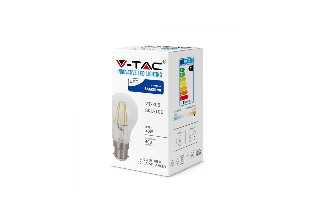 Ampoule à filament Vt-208 4w a60, verre transparent, puce Samsung 3000k b22- 106 - V-tac