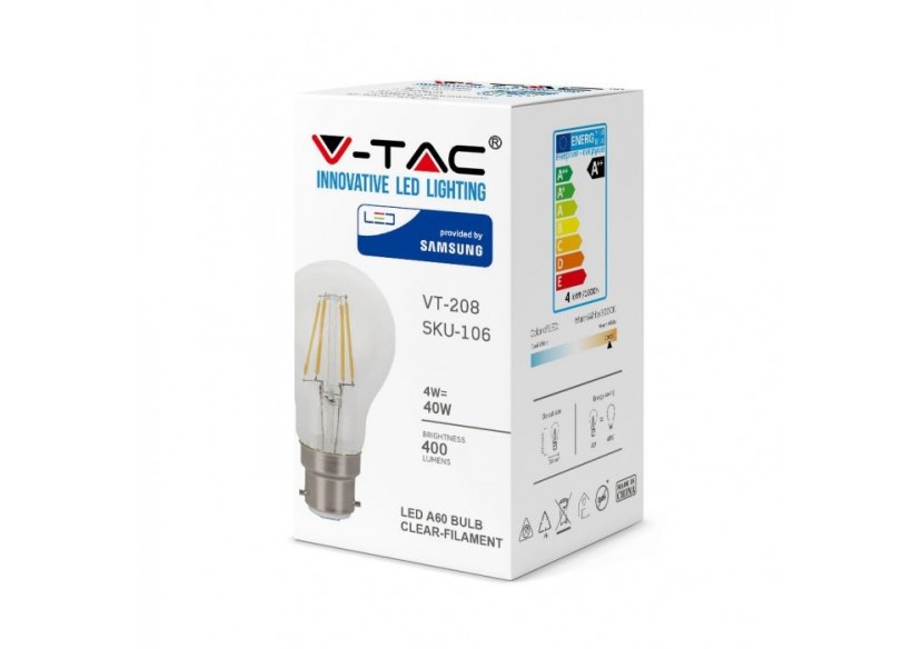 Ampoule à filament Vt-208 4w a60, verre transparent, puce Samsung 3000k b22- 106 - V-tac