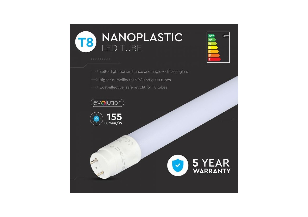 Vt-1612 12w t8 led tube plastique non rotatif-120cm 4000k g13(160lm/watt)- 6478 - V-tac