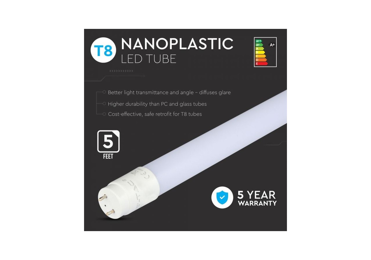 Vt-151 22w t8 nano tube plastique non rotatif (150cm) puce samsung 3000k- 656 - V-tac