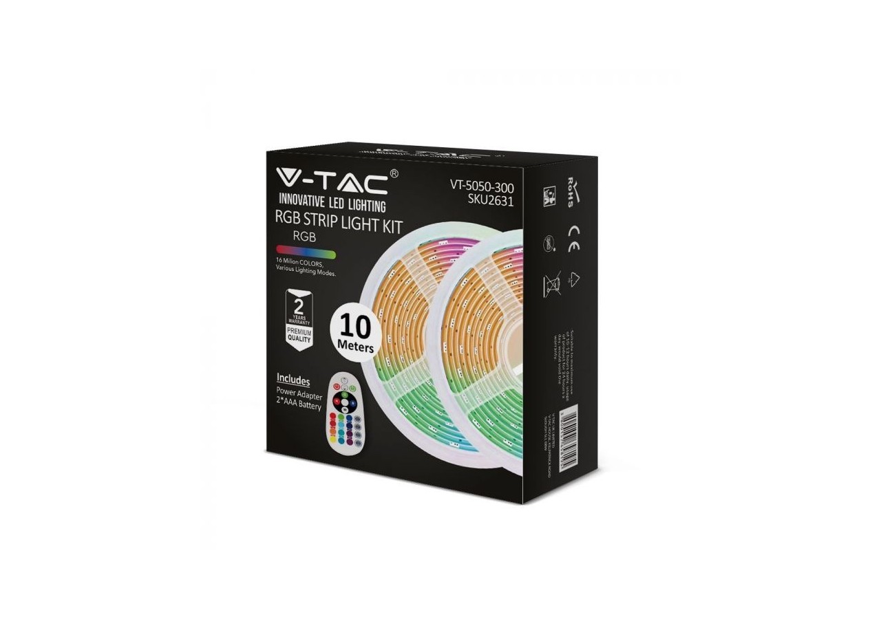 Ensemble de bandes lumineuses LED Vt-5050 300 4,8 w/m (prise bs) ip20 (rouleau de 2x5m) RVB- 2631 - V-tac