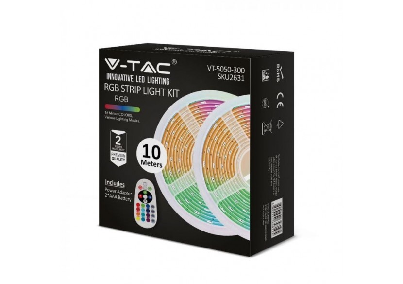 Ensemble de bandes lumineuses LED Vt-5050 300 4,8 w/m (prise bs) ip20 (rouleau de 2x5m) RVB- 2631 - V-tac Ensemble de bandes lumineuses LED Vt-5050 300 4,8 w/m (prise bs) ip20 (rouleau de 2x5m) RVB- 2631 - V-tac